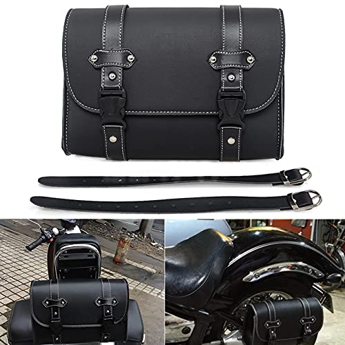 APEBAZY Motorcycle Saddle Bag - Black PU Leather Motorcycle Handlebar Tool Bag Waterproof Travel Luggage Side Bag Universal Tail Pouch with 2 Mounting Straps