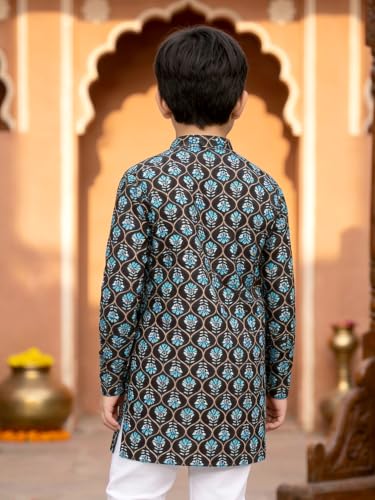 Image of KiddoPanti Boys 100% Cotton Ethnic Motif Printed Short Length Kurta