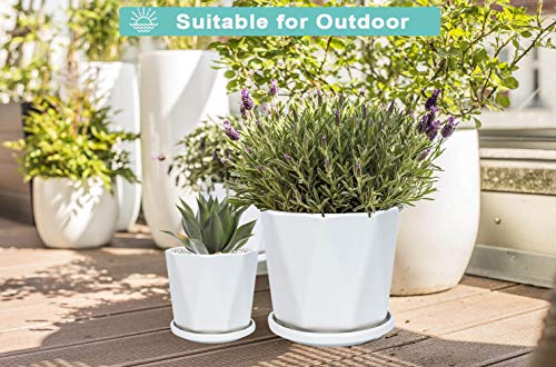 White Ceramic Geometric Indoor Plant Pot with Tray - Set of 3 Middle and Large Modern Planter (5.4\" 6.8\" 8.1\"), Diamond Texture Flower Pots with Drainage Hole and Saucer for Indoor Outdoor Plant