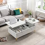COSVALVE 43' White Marble Lift Top Coffee Table for Living Room, Modern Extendable Pull Up Center Table with Storage, Small Rectangle Cocktail Table, Reception Table