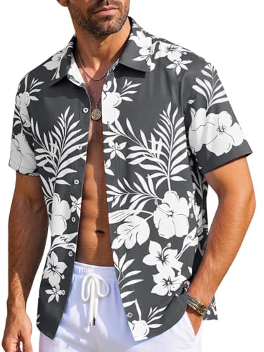 Runcati Camisa havaiana de manga curta para homem, camisa casual de verão, com botões, férias, praia, flores, festa, t-shirt casual, corte regular, camisa casual, cinzento, L