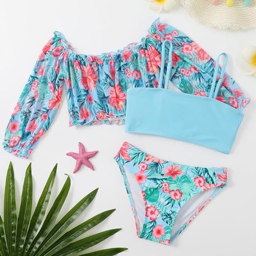 Girls Floral Print Tankini Cover Up Ruffle Crop Long Sleeve Top Swimsuit Kids Straps Beach Bathing Suit4