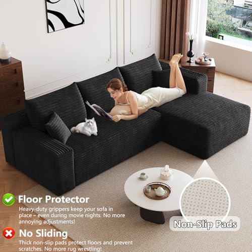 Image of 95 inch Modular Sectional Sofa, Modern Corduroy Cloud Couch with Side Pockets, Boneless Couch Upholstered 3-Seater L-Shaped Sofa for Living Room, No Assembly Required (Black,Right-Facing Chaise)