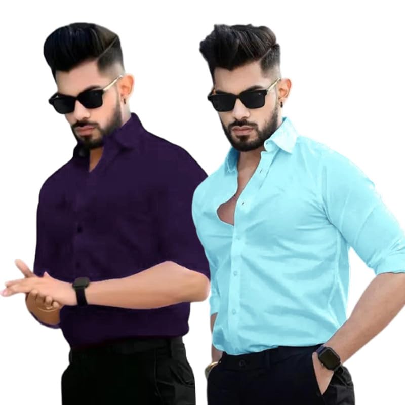 Image of Pinkmint Men's Solid Shirt | Soft Cotton Blend | Casual Shirt | Plain | Full Sleeve - Regular Fit (Available in Plus Size and Pack of 2)