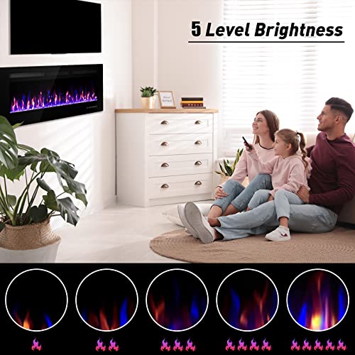 Alpaca 50" Electric Fireplace Recessed And Wall Mounted Linear Fireplace, 750/1500W The Thinnest Fireplace Low Noise Touch Screen With Timer And Remote Control Adjustable Multicolor Flame Color, Black #TOP5