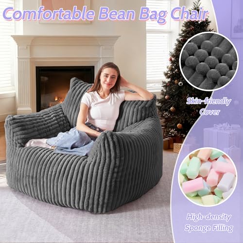 Image of HABUTWAT Giant Bean Bag Chair for Adults, Large Bean Bag Floor Sofa Chair with Armrests, Plush Fluffy BeanBag Lazy Sofa Couch Chair for Bedroom Living Room Reading (Dark Grey)