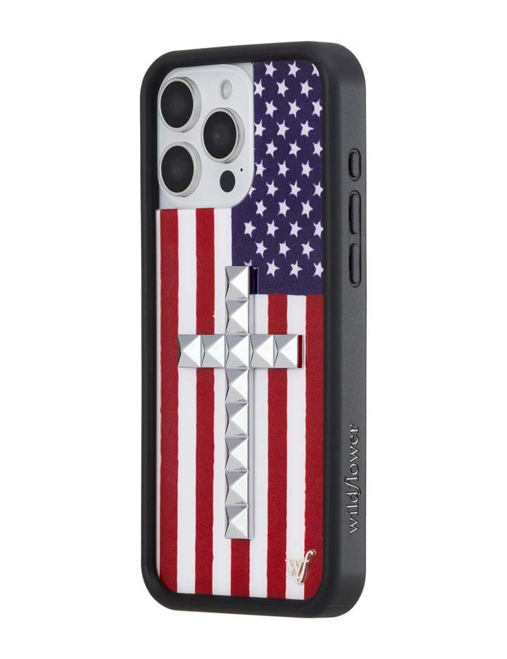 Image of Wildflower Cases - Compatible with iPhone 16 Pro Max | Protective Black Bumper, 6.5ft Drop Test Certified, Women Owned Small Business | Stud Cross American Flag
