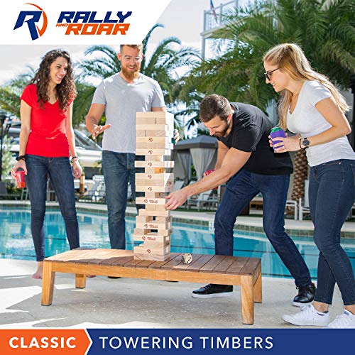 Rally And Roar Towering Timbers Giant Tumbling Timbers Game 2.5 Feet Tall (Build To Over 5 Feet) Classic Wood Version - For Adults, Family Stacking Blocks Set W/Canvas Bag #TOP4