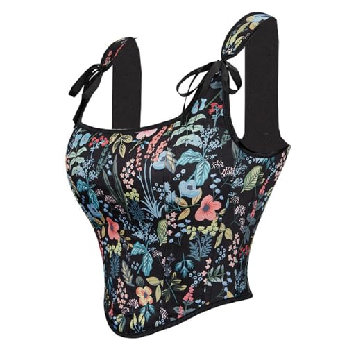 Women Vintage Floral Vest Ren Faire Corset Top Tie Strap Lace Up Back Bustier Tank Top Tight Fit Cropped Vest2
