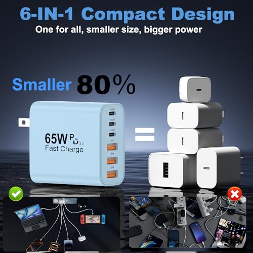 Image of USB C Charger Block, 2-Pack 65W 6-Port USB C Wall Charger iPhone Charger Fast Charging PD Power Adapter+QC Wall Plug Multiport Type C Brick Chargers for iPhone 17 16 15 14 13 12 11 Pro Max XS,Blue