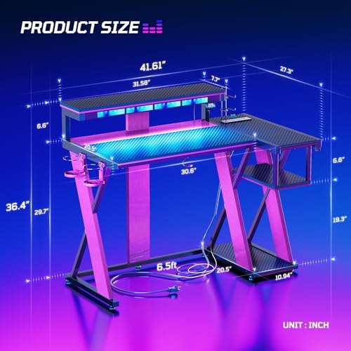 Image of Bestier Computer Desk with Music Sync Light, Flow Vibe Corner Gaming Desk with Monitor Stand and PS5 Storage Shelves, Cup Holders, and Headset Hooks for Bedroom Small Space (Black Purple, 42 Inch)