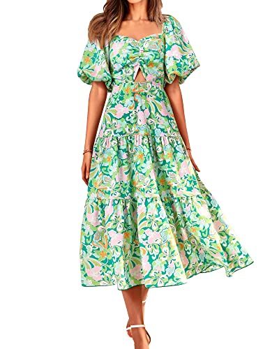 BTFBM Women Summer Dresses 2025 Casual Flowy Beach Square Neck Puff Short Sleeve Smocked Back Boho Floral Long Maxi Dress
