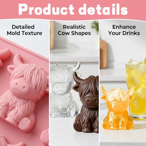 Molde para cubitos de hielo en forma de vaca Highland, silicona rosa miniatura 4