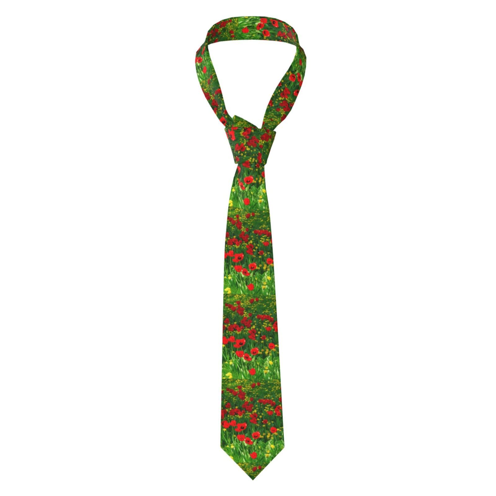 Hnnkloy Men's Black Classic Neck Tie Red Poppy Field Farm Meadow Landscape Print Necktie
