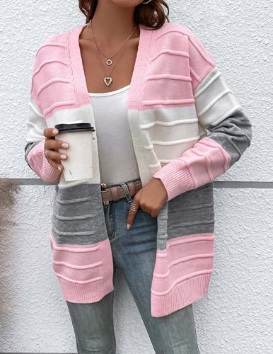 Womens Oversized Cute Color Block Striped Long Cardigan Spring Trendy Chunky Ribbed Knit Open Front Sweater 20253