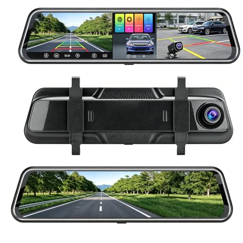 4K Rear View Mirror Dash Camera for Car Security Front and Rear Dash Cam, Dashcam 10’’ Touch...