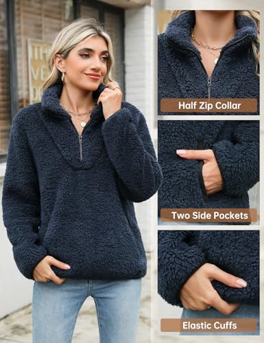 Tuopuda Pullover Damen Sweatshirt Herbst Winter Flauschig Pulli Fleece Weich Langarmshirt mit 1/4 Zip Taschen Langarm Locker Oberteile Tops Shirts Winterpullover ohne Kapuze, Marine, L
