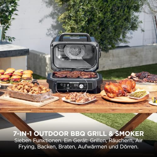 Ninja Woodfire Pro Connect XL Elektrischer BBQ Smoker Grill, App-Steuerung, digitaler Temperaturfühler, Rippenrost, Deckel, großer 7-in-1 Outdoor Grill & Heißluftfritteuse, blau & schwarz OG901EUAMZ