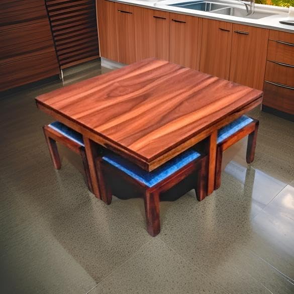 Image of Soild Sheesham Wood Coffee Table with 4 Stool || Coffee Table For Living Room || Wooden Center Coffee Table || Tea Table, Home Office Outdoor Garden Furniture ( Coffee Table 4 seater ) Honey Finish