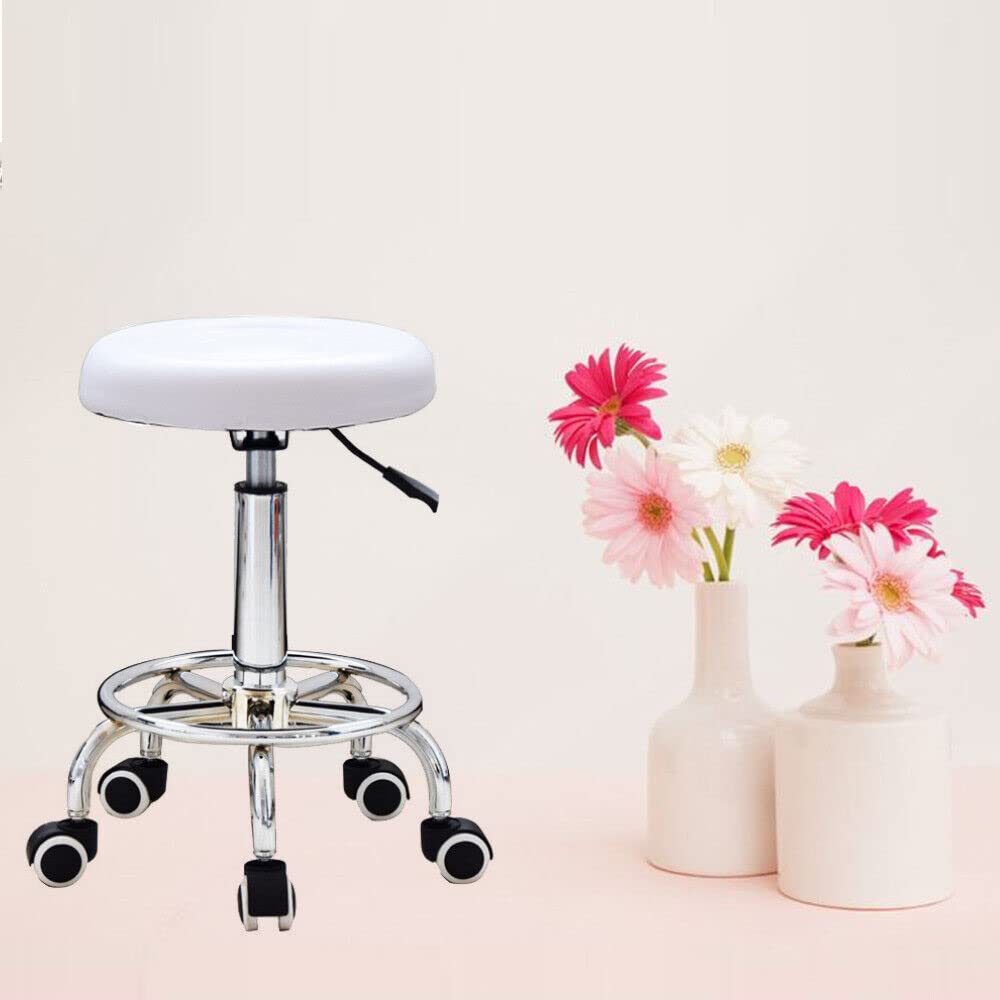 Sgabello girevole da lavoro, 33 cm, altezza regolabile, da barbiere, girevole a 360°, per ufficio, salone, massaggio, spa, ergonomia, girevole in altezza, colore: bianco, NGI7WDBKF-DKTD
