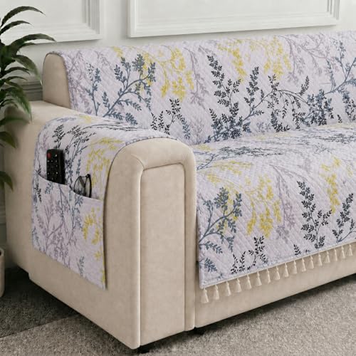 Image of STITCHNEST 'Frostvine Collection' 2 Seater Sofa Cover | Full Coverage with Armrest Pockets | Cotton Quilted Fabric, Decorative Tassels, Washable & Durable for Modern Living