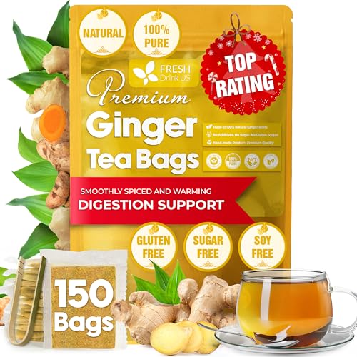 Image of FreshDrinkUS, 150 Premium Ginger Tea Bags, Non GMO, 100% Natural & Pure from Ginger Root, Root Herbal Tea. No Sugar, No Caffeine, No Gluten, Vegan. Support Stronger Digestion, Pleasantly Spicy & Warming