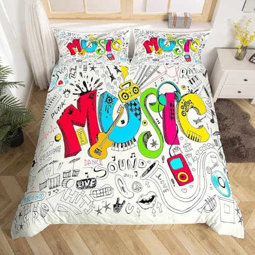 Homemissing Musique Housse de Couette 140x200cm Ados, Graffiti Style Musique Parure de Lit, Pop Art Illustration Housse de Couette Enfants Garçons Filles...