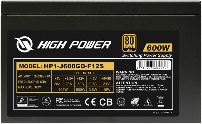 HIGH POWER 600W Power Supply, 80 Plus Gold Certified PSU, Continuous Power with 120mm Whisper Quiet Fan, ATX 12V V2.3/EPS 12V Active PFC Reliable Performance, Energy-Efficient