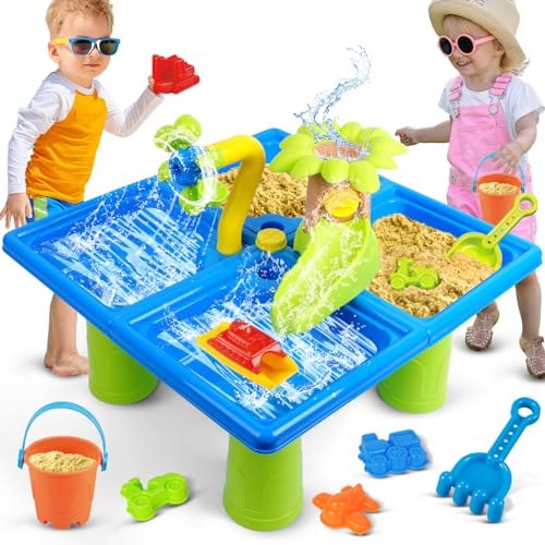 TERRAMUS 4 en 1 Mesa de Agua para Niños, Juego de Juguete de Mesa de Arena y Agua, 24 Piezas de Accesorios para Mesa Sensorial, Juguetes de Verano al Aire Libre para Niños y Niñas de 3 4 5 6 años