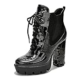 Cape Robbin Nell Sparkly Sequin Platform Chelsea Heeled Boots - Chunky Block Heels with Sequined Tongue and Heel - Stylish Glitter Ankle Boots for Women - Black Size 7