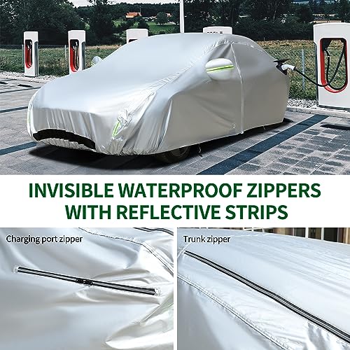 Image of TECOOM Car Cover Fit for Tesla Model 3 - Waterproof All Weather, 2017-2023 Model 3 Cover with Fleece Lining, Ventilated Mesh, Charge Port Opening, Zipper Door, Trunk Opening
