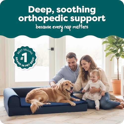 Image of Furhaven Orthopedic Dog Bed for Large Dogs w / Removable Bolsters & Washable Cover, For Dogs Up to 95 lbs - Plush & Velvet L Shaped Chaise - Deep Sapphire, Jumbo /XL