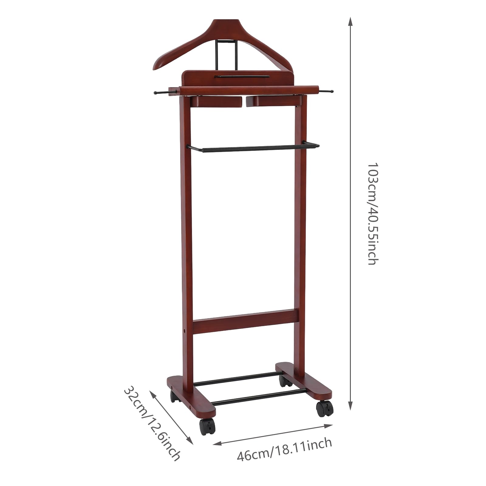 ILWorkTLs Wooden Valet Stand with Wheels,Suit Rack with Trouser Bar and Tie Bar for Entryway,Office,Living Room, Bedroom