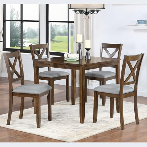 Image of Harper & Bright Designs Modern 5-Piece Dining Table Set for 4, 34.5 inch Square Wooden Table & 4 Chairs, Walnut Kitchen /Dining Room Set for Small Space