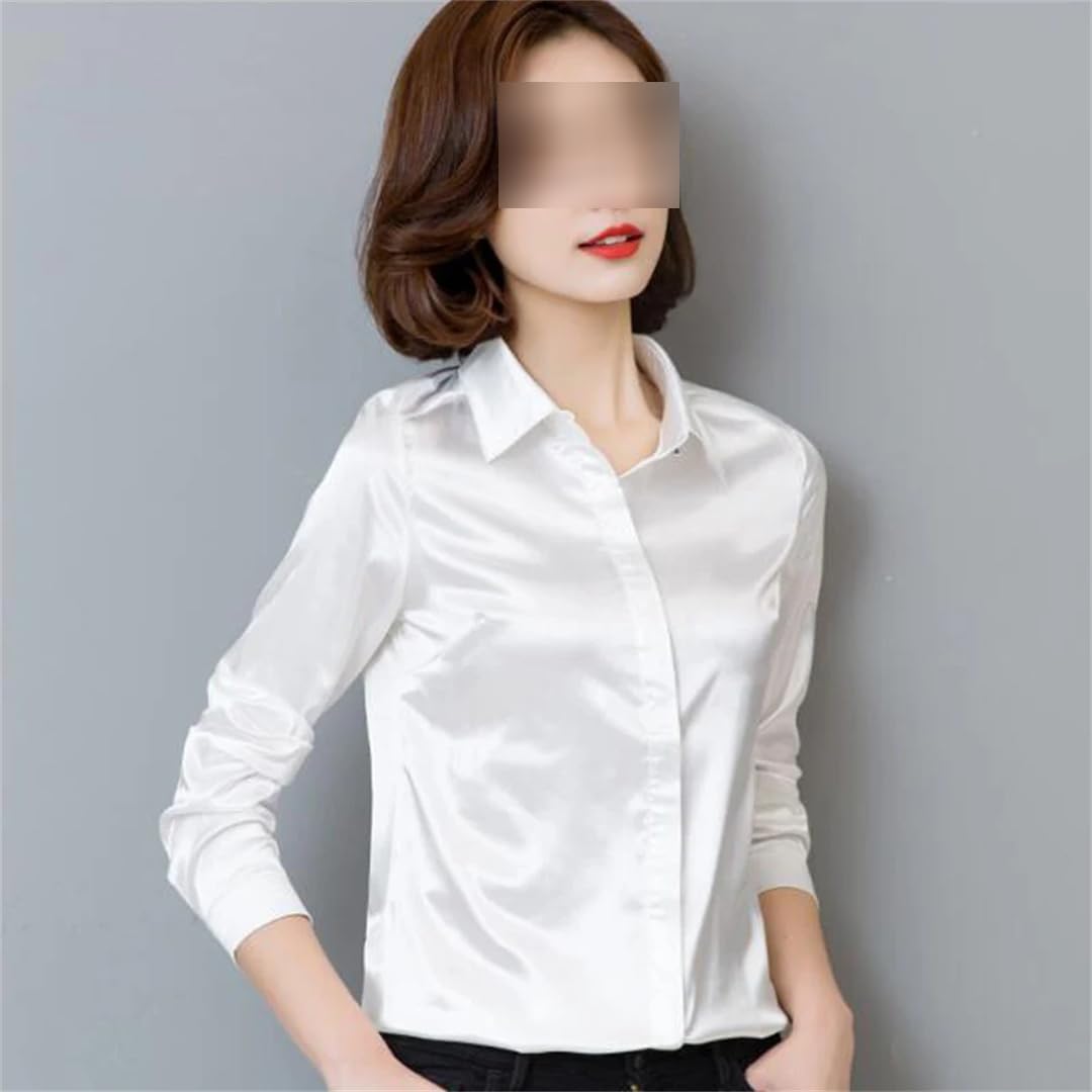 Blusa de satén para mujer, con botones, manga larga, solapa, oficina, trabajo, elegante, de seda