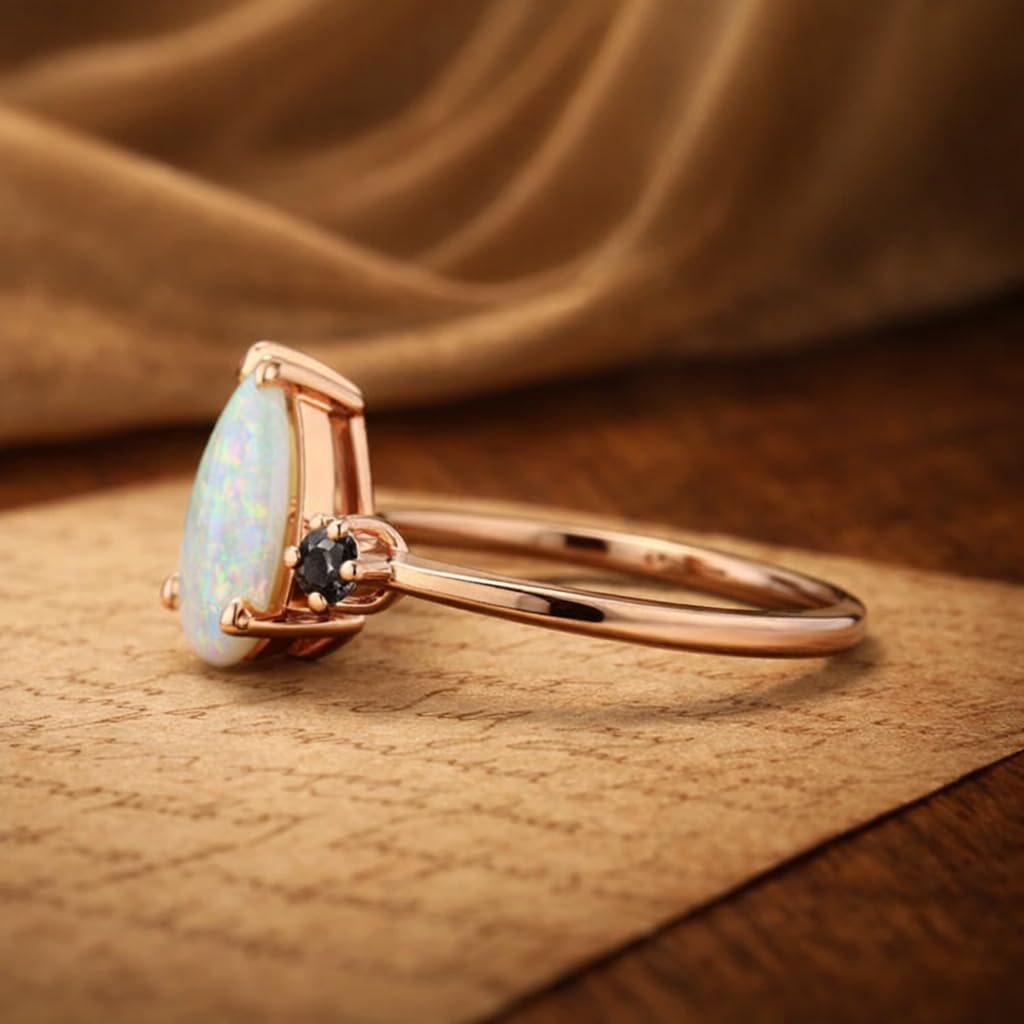 14K Rose Gold Pear Opal Ring with Black Onyx Accents October Birthstone Dainty Engagement Promise Ring Minimalist Vintage Bridal Jewelry Gift for Her