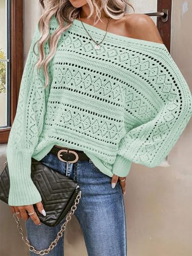 Image of Cakulo Womens Off Shoulder Sweater Top Fall Outfits Fashion 2025 Oversized Knit Batwing Long Sleeve Crochet Pullover Sweaters