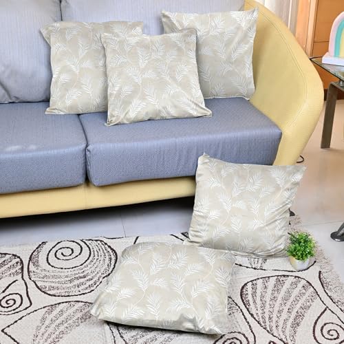 Image of Divine Casa Cushion Covers Set of 5 White Cream | 16x16 Inch Jacquard Sofa Cushion Covers | Decorative Leaf Pattern Throw Pillow Covers for Living Room & Bedroom