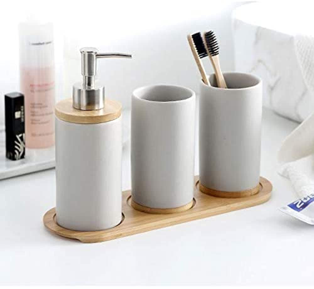 Set di accessori da bagno Dispenser di sapone 4 Pezzi Spazzolino da Denti Bicchiere Mensola di bambù Set da bagno Accessori da bagno 4 Pezzi Bagno Quattro Pezzi