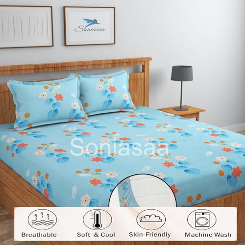 Image of 202 TC Cotton Feel All Around Elastic Fitted Bedsheet, Elastic Fitted Bedsheet King Size Bedsheet for Double Bed with 2 Pillow Covers, Size - 72 x 78 x 8 Inch Color Sky Blue