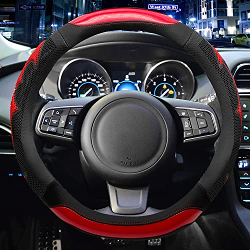 NICEASY Sport Style Black Leather Steering Wheel Cover, Red Grip Steering Wheel Accessory, 3D Breathable Universal Fit 14.5-15.25 inch Steering Wheel