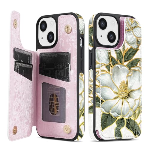 NNH Compatible with iPhone 13 Mini Wallet Case with RFID Blocking Card Slots Folio Flip PU Leather Kickstand Double Magnetic Clasp Design Cover for iPhone 13 Mini(5.4 inch-Magnolia Flowers) by NNH - Used condition - US$9.50