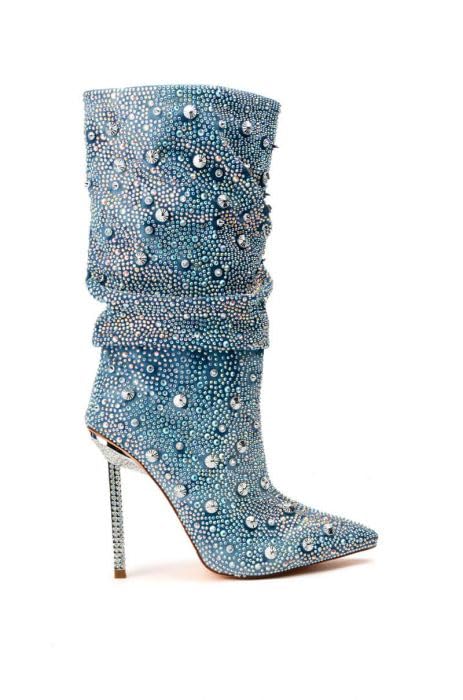 Women's Rhinestone Fold Over Ankle Boots Denim Sparkling Boot Pull on 2024 Fashion Sexy Silver Stiletto Heel Mid Calf Boots Pointed Toe Slouchy Pull-on Boots3