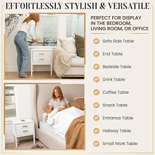 2 Drawer Nightstand With Charging Station - Mid Century Modern Nightstand With Polished Gold Handles, 2 Usb Ports & 2 Outlets - Multifunctional Smart Bedside Table For Your Home - 24" Tall (White) #TOP6