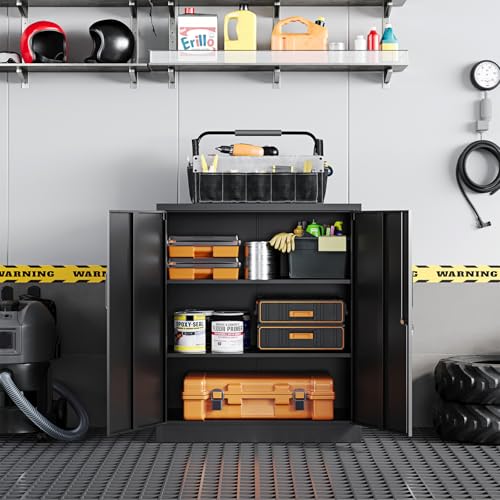 Image of Yizosh Metal Garage Storage Cabinet with 2 Doors and 2 Adjustable Shelves - 35.5 inch Steel Lockable File Counter Cabinet for Home Office,Garage,Gym,School(Black) (Pack of 2)