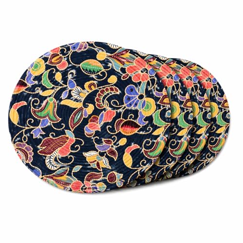 Image of Premium Round Cotton Dining Table Mats Set of 4 | Washable Heat Resistant Food Mat | Circular Dining Table Hot Plate Mats & Coaster for Hot Utensil (14-inch, Printed Floral /Blue)