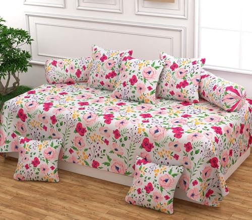 Image of Cotton 8 Piece Diwan Set 1 Bed Sheet 2 Bolster Cover 5 pcs Cushion Cover (Pink)