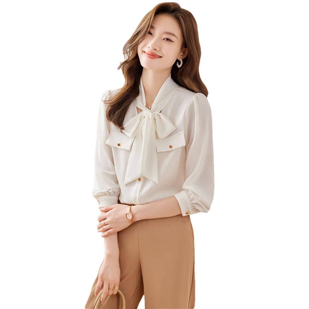 Camicetta da donna in raso elegante chic con colletto a fiocco coreano solido manica lunga top