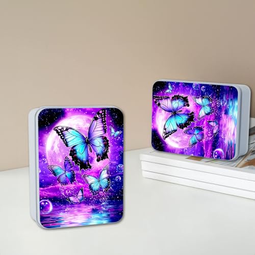 Image of Metal Tin Box with Lid for Game Cards Home Organizer Candles Keys Crafts Storage - Equipped with 4 Magnetic Cord Clips,Purple Moon Blue Butterfly