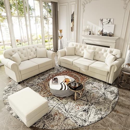 Image of KEIKI 2-Piece Chesterfield Sofa Set with 1 Velvet 3-Seater Sofa & 1 Loveseat Sofa, Upholstered 5-Seater Couch Set with Nailhead Trim & Rolled Arms & 1 Ottoman & 5 Pillow, for Living Room, White